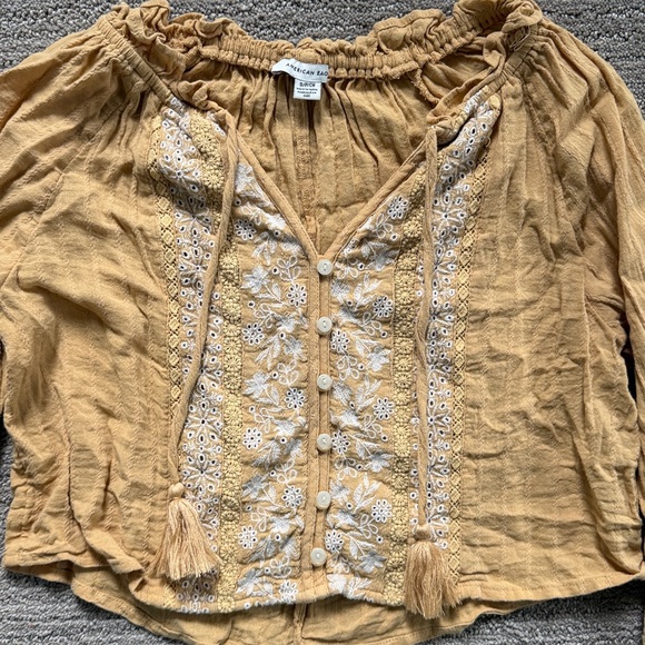 American Eagle Outfitters Mustard Cropped Embroidered Long-Sleeve Blouse - Picture 2 of 5